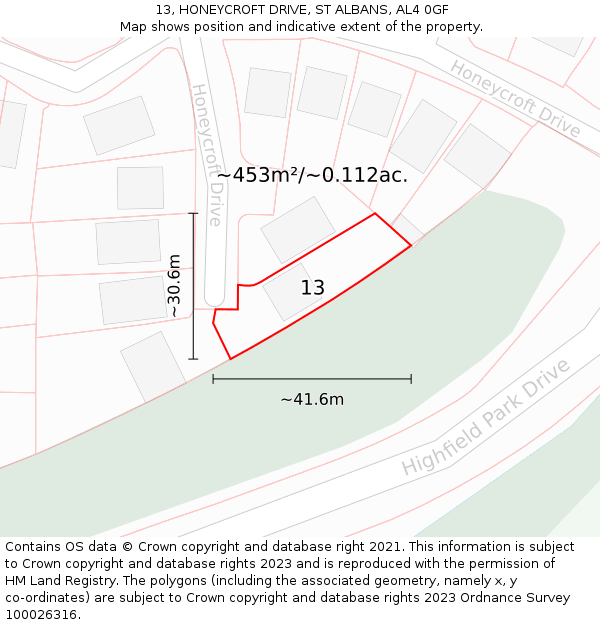 13, HONEYCROFT DRIVE, ST ALBANS, AL4 0GF: Plot and title map