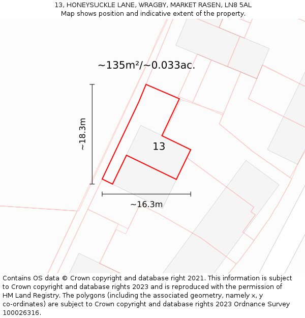 13, HONEYSUCKLE LANE, WRAGBY, MARKET RASEN, LN8 5AL: Plot and title map