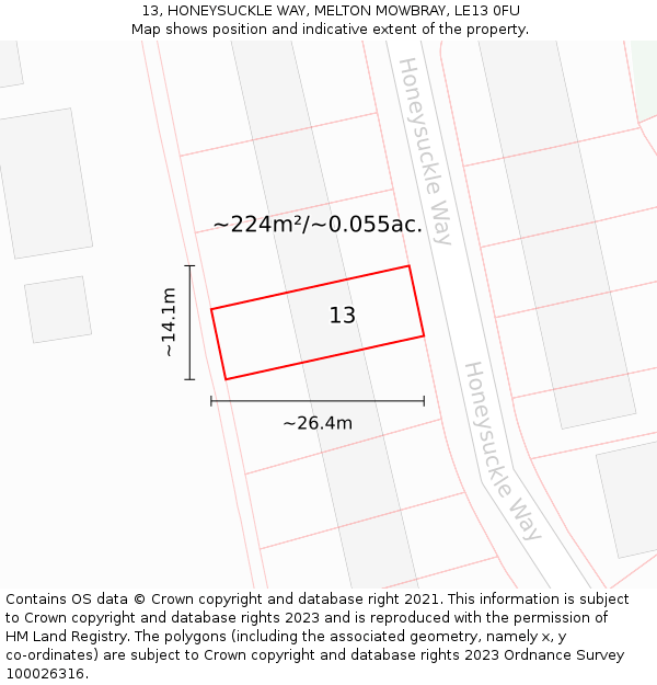 13, HONEYSUCKLE WAY, MELTON MOWBRAY, LE13 0FU: Plot and title map