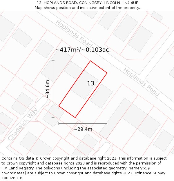 13, HOPLANDS ROAD, CONINGSBY, LINCOLN, LN4 4UE: Plot and title map