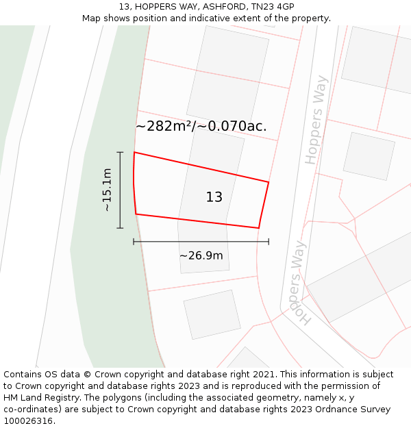 13, HOPPERS WAY, ASHFORD, TN23 4GP: Plot and title map