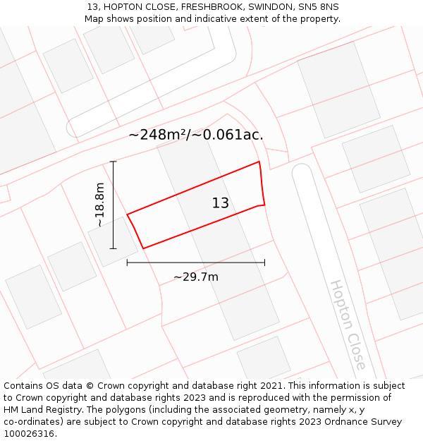 13, HOPTON CLOSE, FRESHBROOK, SWINDON, SN5 8NS: Plot and title map