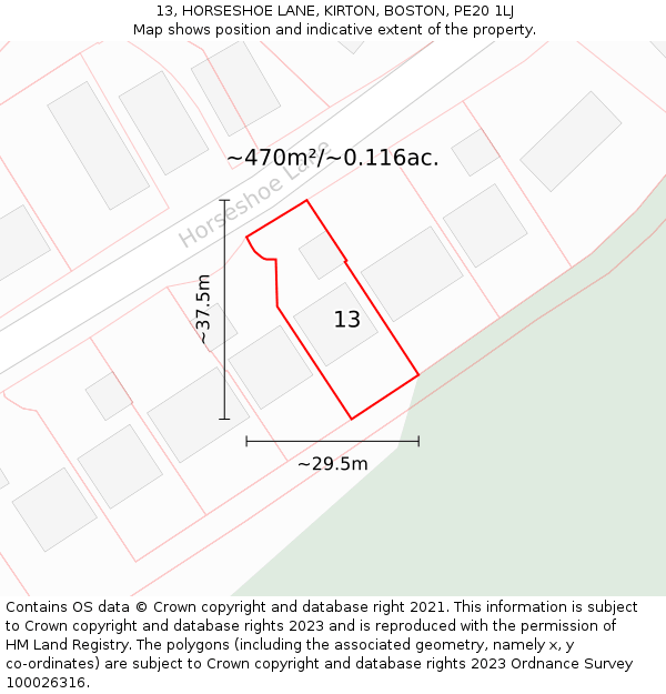13, HORSESHOE LANE, KIRTON, BOSTON, PE20 1LJ: Plot and title map