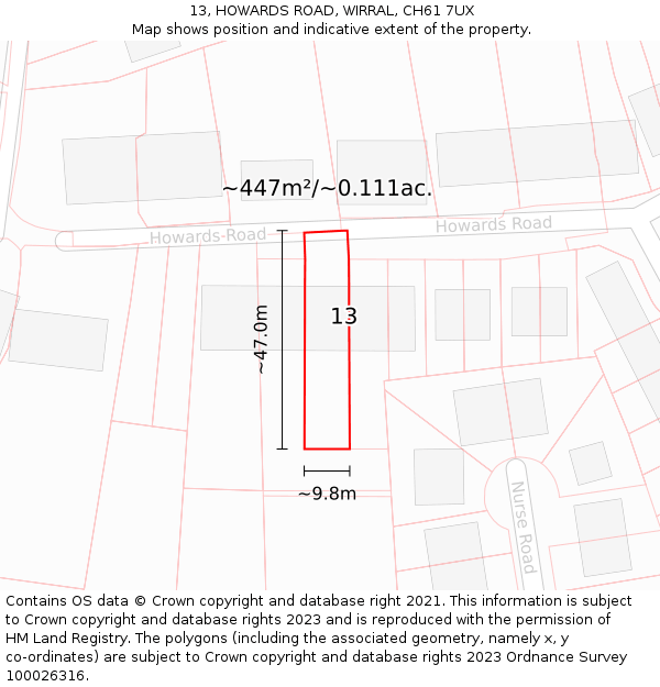 13, HOWARDS ROAD, WIRRAL, CH61 7UX: Plot and title map