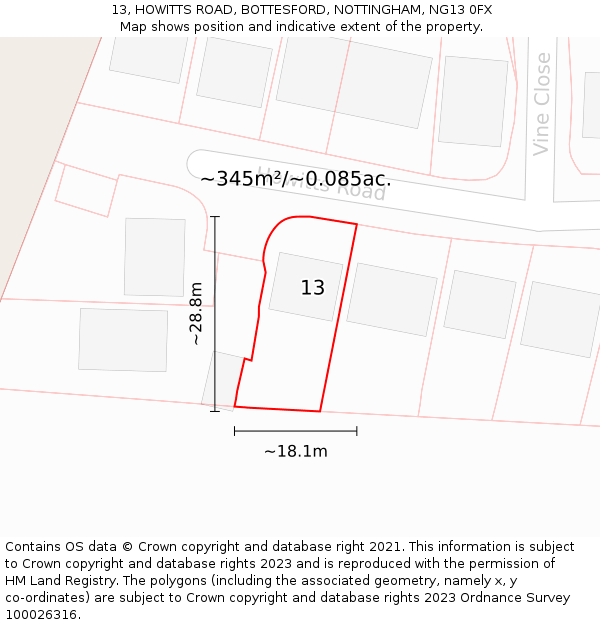 13, HOWITTS ROAD, BOTTESFORD, NOTTINGHAM, NG13 0FX: Plot and title map