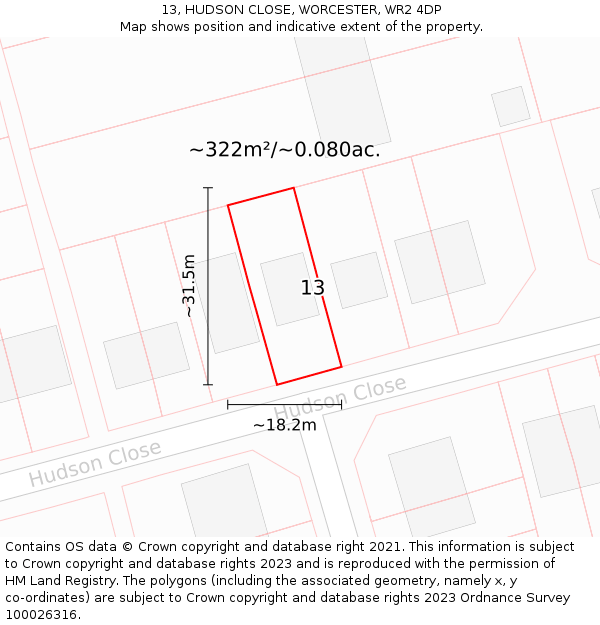 13, HUDSON CLOSE, WORCESTER, WR2 4DP: Plot and title map
