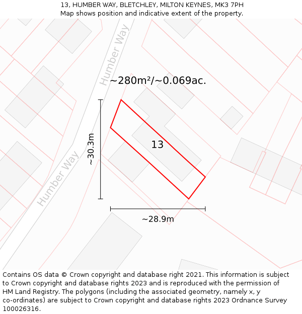 13, HUMBER WAY, BLETCHLEY, MILTON KEYNES, MK3 7PH: Plot and title map