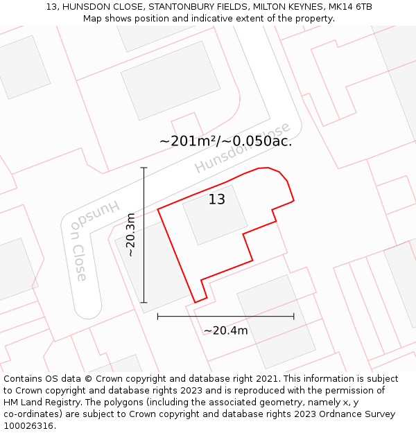 13, HUNSDON CLOSE, STANTONBURY FIELDS, MILTON KEYNES, MK14 6TB: Plot and title map
