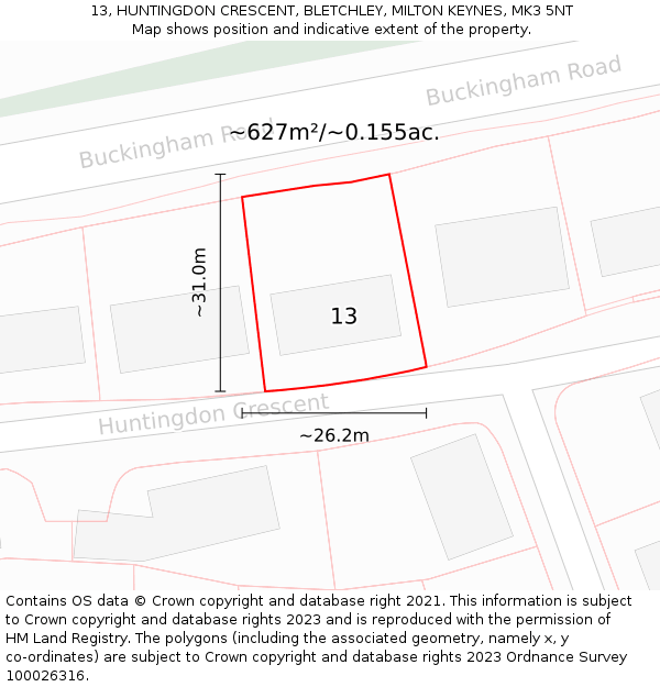 13, HUNTINGDON CRESCENT, BLETCHLEY, MILTON KEYNES, MK3 5NT: Plot and title map