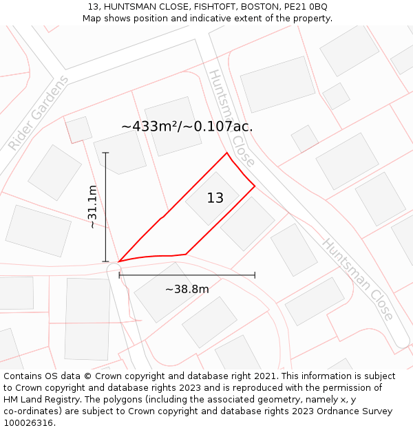 13, HUNTSMAN CLOSE, FISHTOFT, BOSTON, PE21 0BQ: Plot and title map
