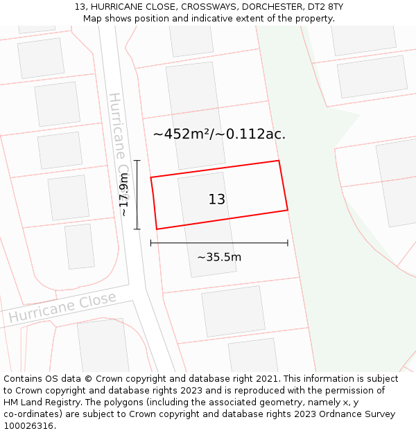 13, HURRICANE CLOSE, CROSSWAYS, DORCHESTER, DT2 8TY: Plot and title map