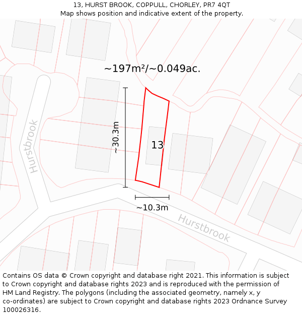 13, HURST BROOK, COPPULL, CHORLEY, PR7 4QT: Plot and title map