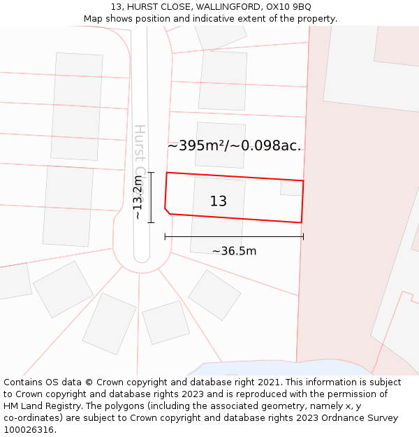 13, HURST CLOSE, WALLINGFORD, OX10 9BQ: Plot and title map