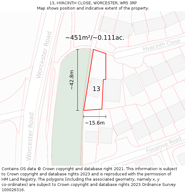 13, HYACINTH CLOSE, WORCESTER, WR5 3RP: Plot and title map