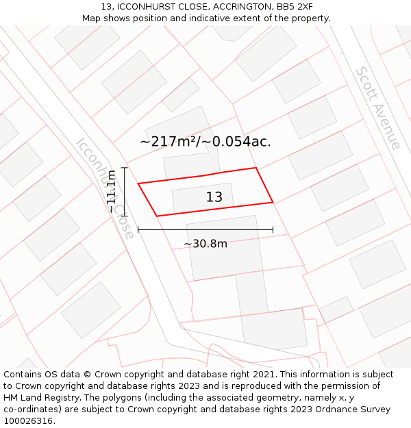 13, ICCONHURST CLOSE, ACCRINGTON, BB5 2XF: Plot and title map
