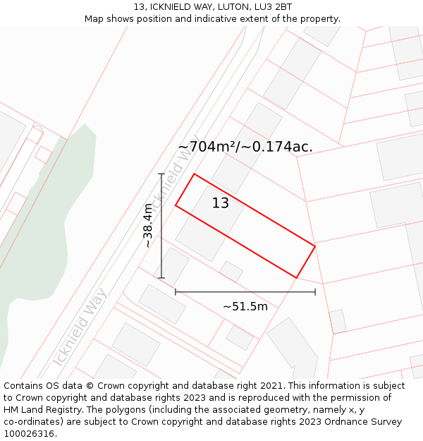 13, ICKNIELD WAY, LUTON, LU3 2BT: Plot and title map