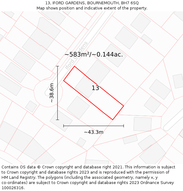13, IFORD GARDENS, BOURNEMOUTH, BH7 6SQ: Plot and title map