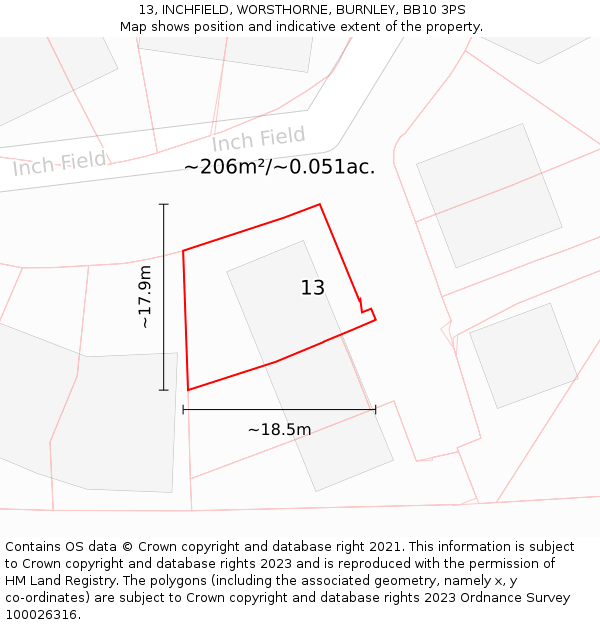 13, INCHFIELD, WORSTHORNE, BURNLEY, BB10 3PS: Plot and title map