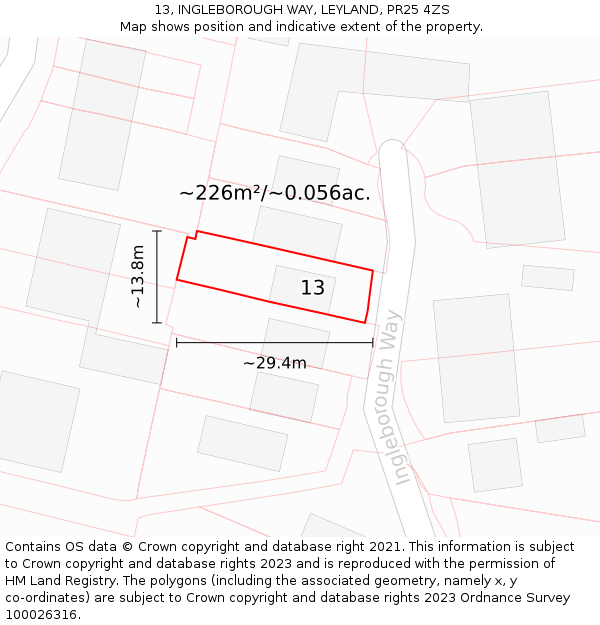 13, INGLEBOROUGH WAY, LEYLAND, PR25 4ZS: Plot and title map