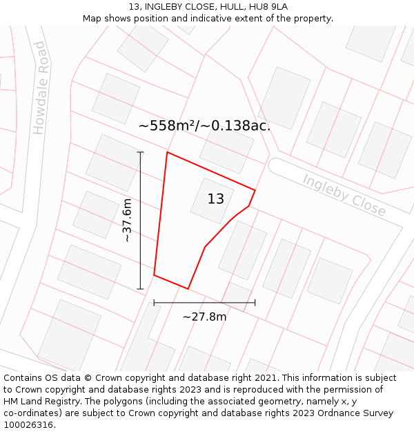 13, INGLEBY CLOSE, HULL, HU8 9LA: Plot and title map