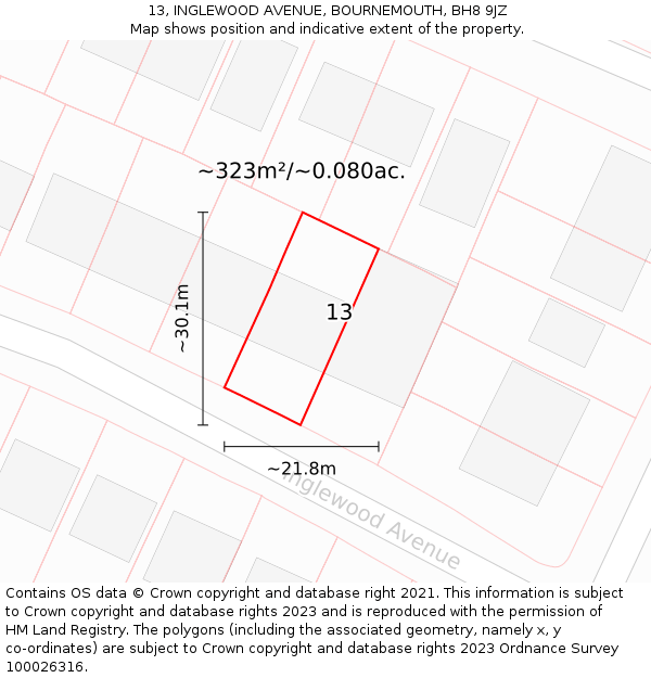 13, INGLEWOOD AVENUE, BOURNEMOUTH, BH8 9JZ: Plot and title map