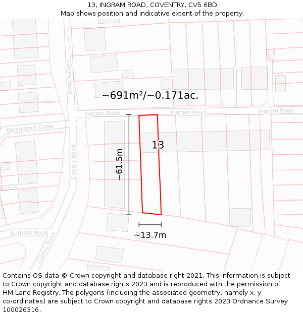 13, INGRAM ROAD, COVENTRY, CV5 6BD: Plot and title map