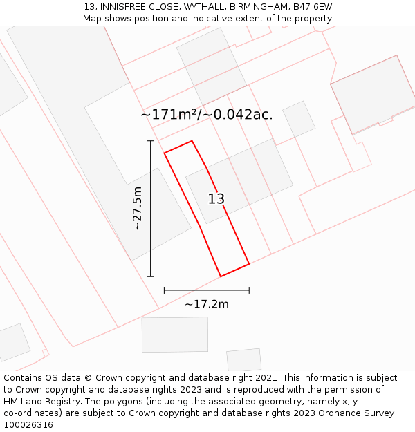13, INNISFREE CLOSE, WYTHALL, BIRMINGHAM, B47 6EW: Plot and title map