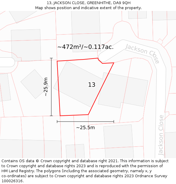 13, JACKSON CLOSE, GREENHITHE, DA9 9QH: Plot and title map