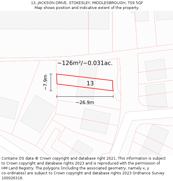 13, JACKSON DRIVE, STOKESLEY, MIDDLESBROUGH, TS9 5QF: Plot and title map