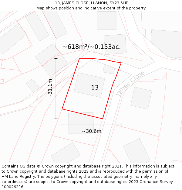 13, JAMES CLOSE, LLANON, SY23 5HP: Plot and title map