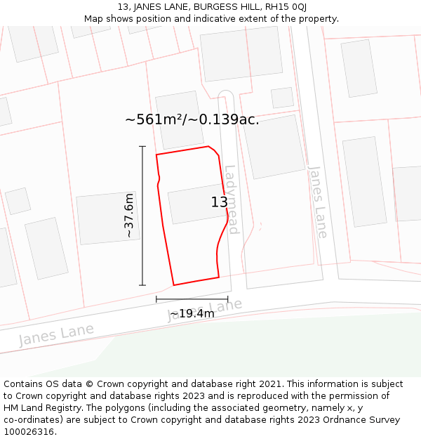 13, JANES LANE, BURGESS HILL, RH15 0QJ: Plot and title map