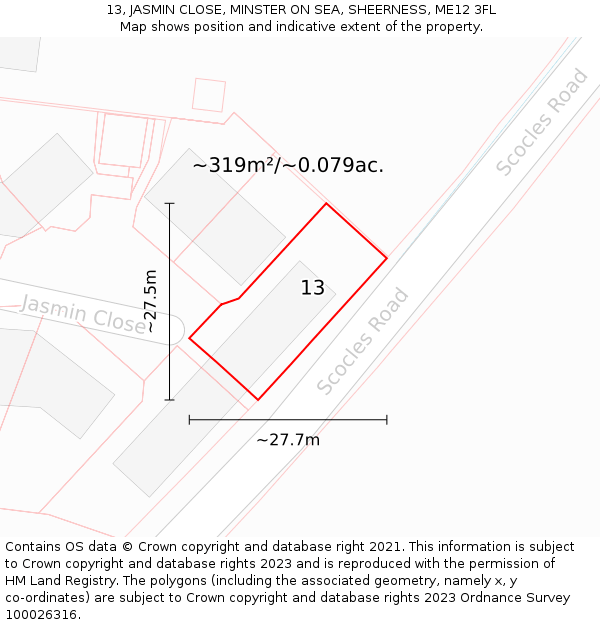 13, JASMIN CLOSE, MINSTER ON SEA, SHEERNESS, ME12 3FL: Plot and title map