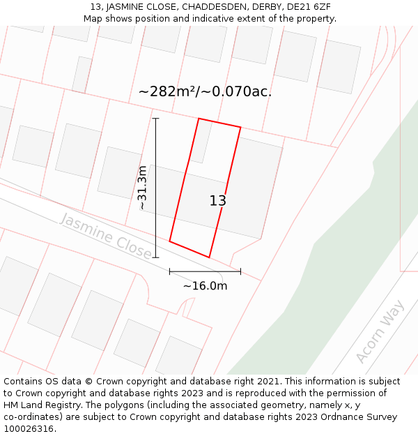 13, JASMINE CLOSE, CHADDESDEN, DERBY, DE21 6ZF: Plot and title map