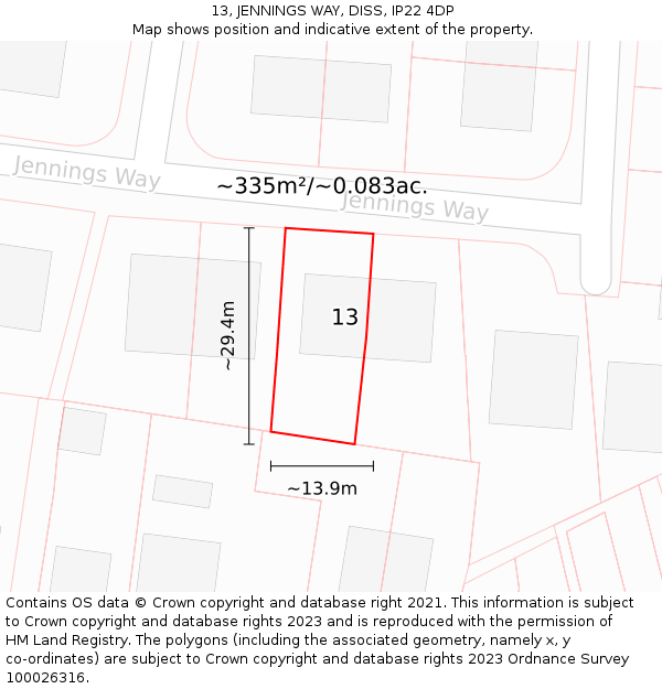 13, JENNINGS WAY, DISS, IP22 4DP: Plot and title map