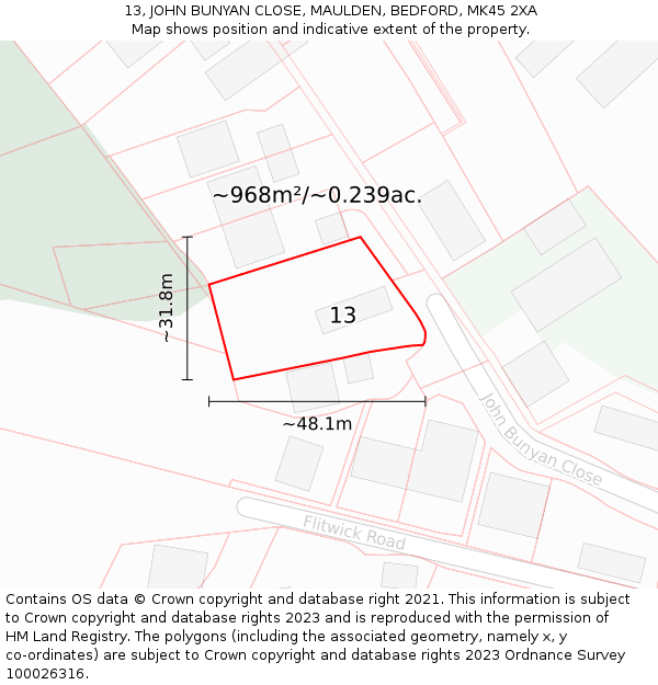 13, JOHN BUNYAN CLOSE, MAULDEN, BEDFORD, MK45 2XA: Plot and title map