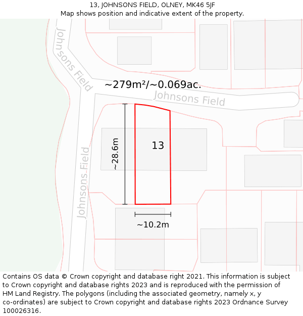 13, JOHNSONS FIELD, OLNEY, MK46 5JF: Plot and title map