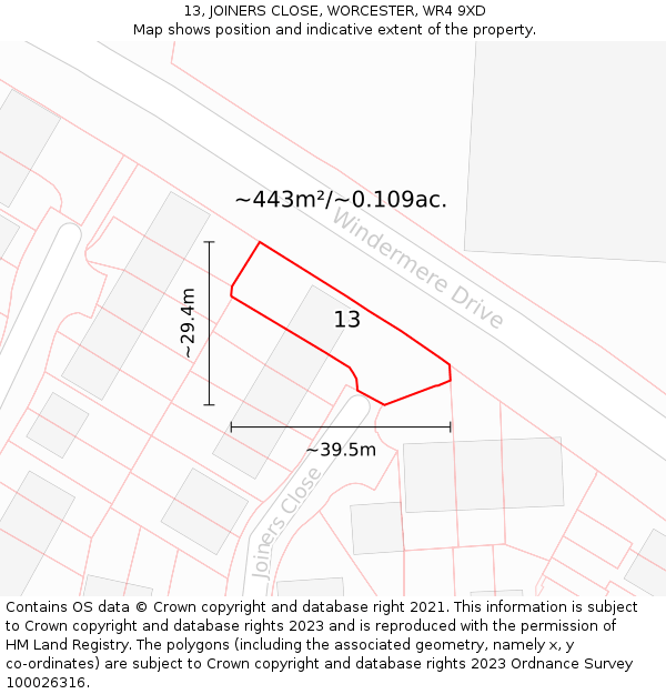 13, JOINERS CLOSE, WORCESTER, WR4 9XD: Plot and title map