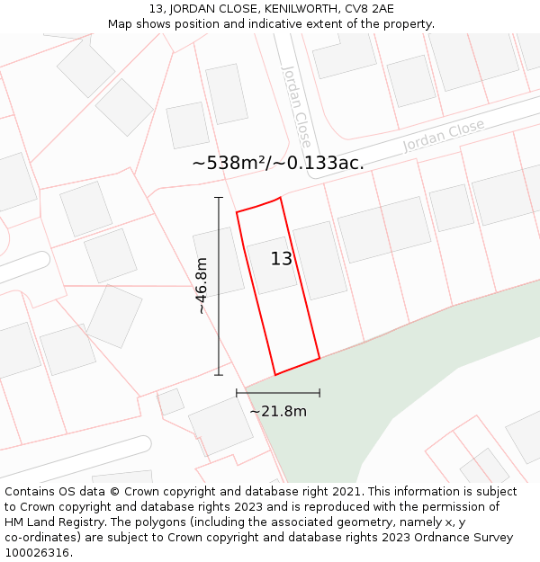 13, JORDAN CLOSE, KENILWORTH, CV8 2AE: Plot and title map