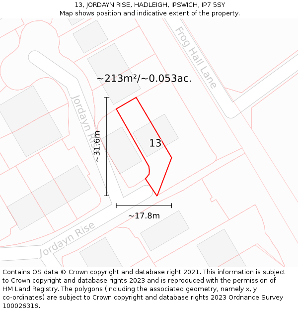13, JORDAYN RISE, HADLEIGH, IPSWICH, IP7 5SY: Plot and title map