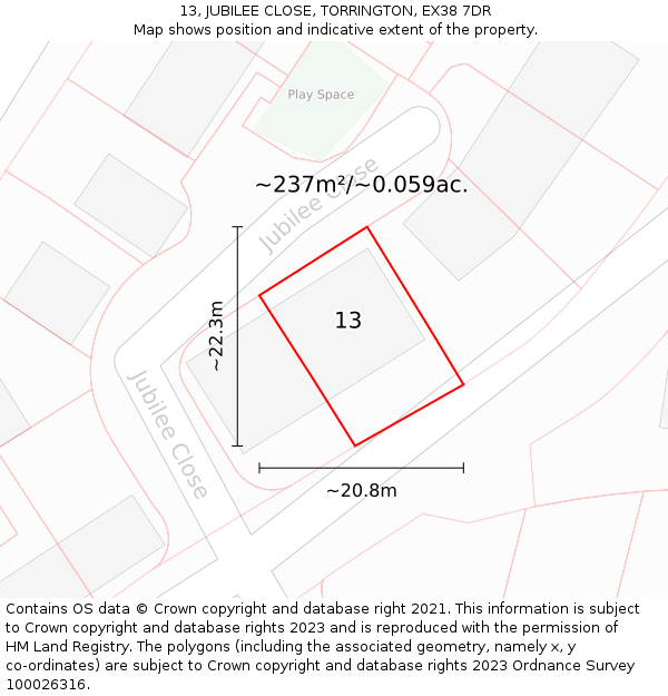 13, JUBILEE CLOSE, TORRINGTON, EX38 7DR: Plot and title map