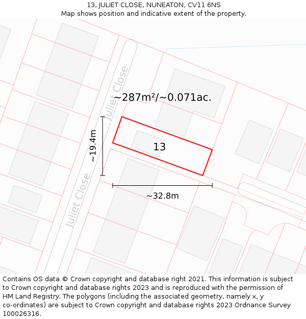 13, JULIET CLOSE, NUNEATON, CV11 6NS: Plot and title map