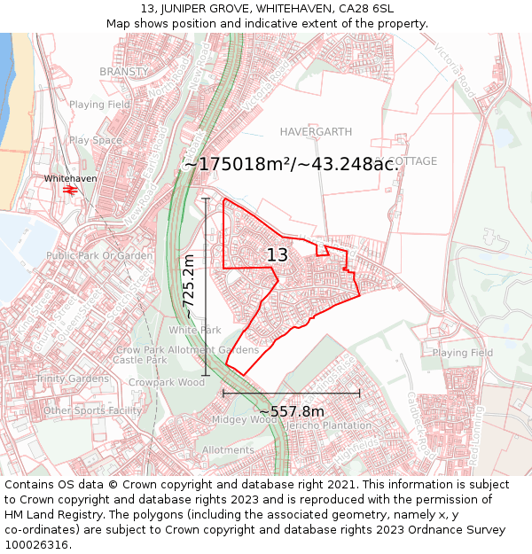 13, JUNIPER GROVE, WHITEHAVEN, CA28 6SL: Plot and title map