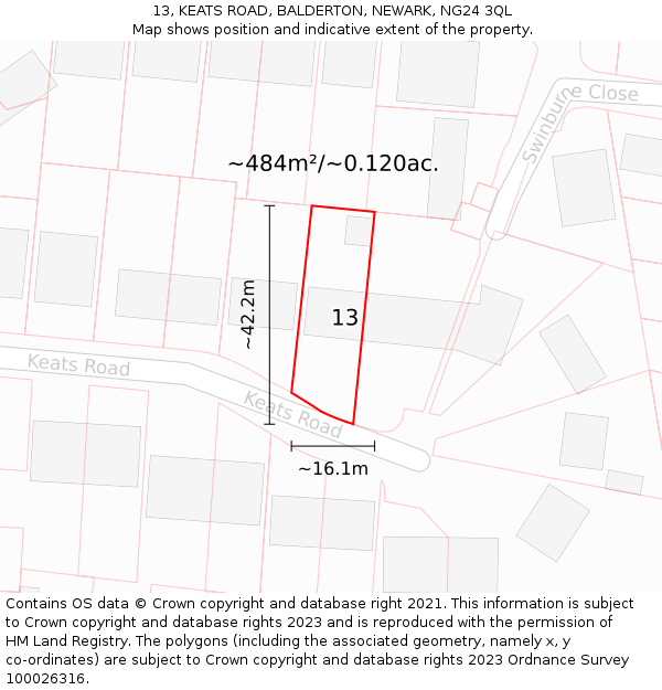 13, KEATS ROAD, BALDERTON, NEWARK, NG24 3QL: Plot and title map