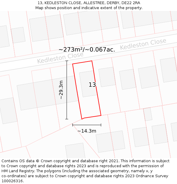 13, KEDLESTON CLOSE, ALLESTREE, DERBY, DE22 2RA: Plot and title map