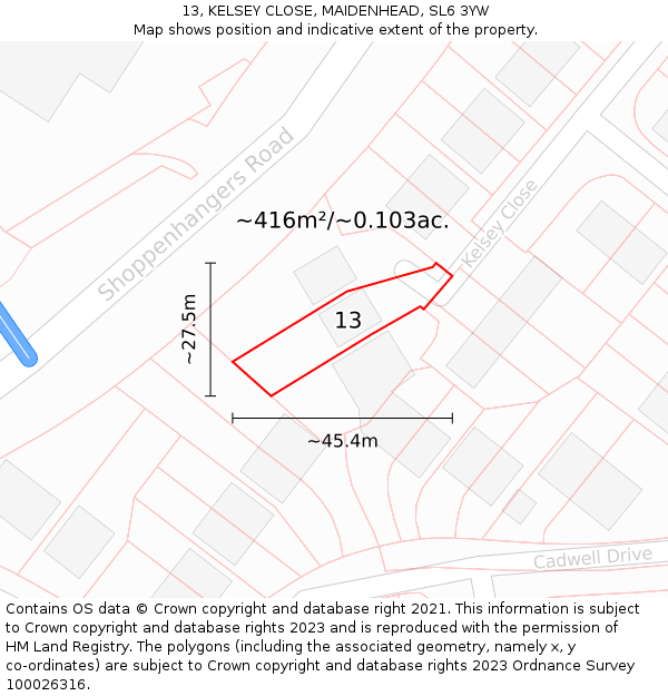 13, KELSEY CLOSE, MAIDENHEAD, SL6 3YW: Plot and title map