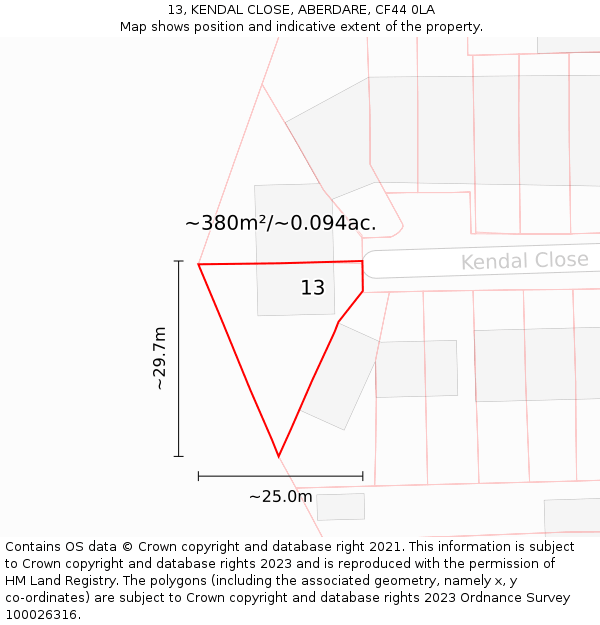 13, KENDAL CLOSE, ABERDARE, CF44 0LA: Plot and title map
