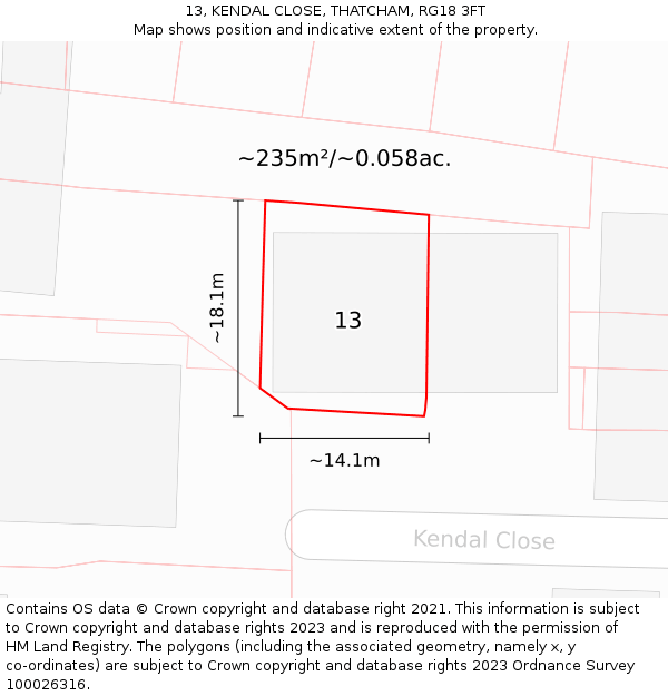 13, KENDAL CLOSE, THATCHAM, RG18 3FT: Plot and title map