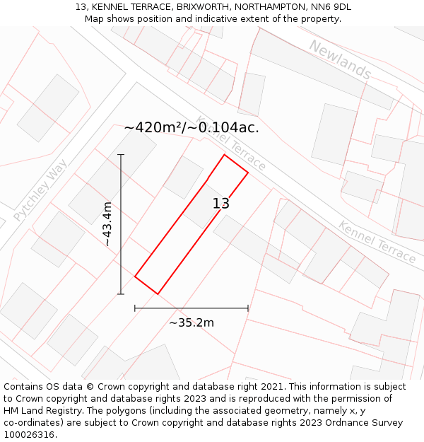 13, KENNEL TERRACE, BRIXWORTH, NORTHAMPTON, NN6 9DL: Plot and title map