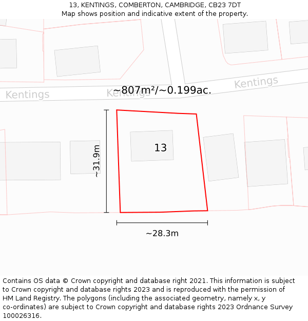 13, KENTINGS, COMBERTON, CAMBRIDGE, CB23 7DT: Plot and title map