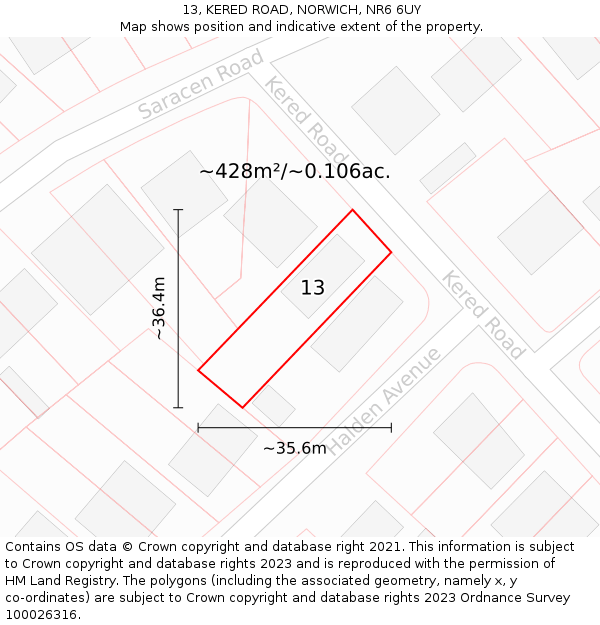 13, KERED ROAD, NORWICH, NR6 6UY: Plot and title map